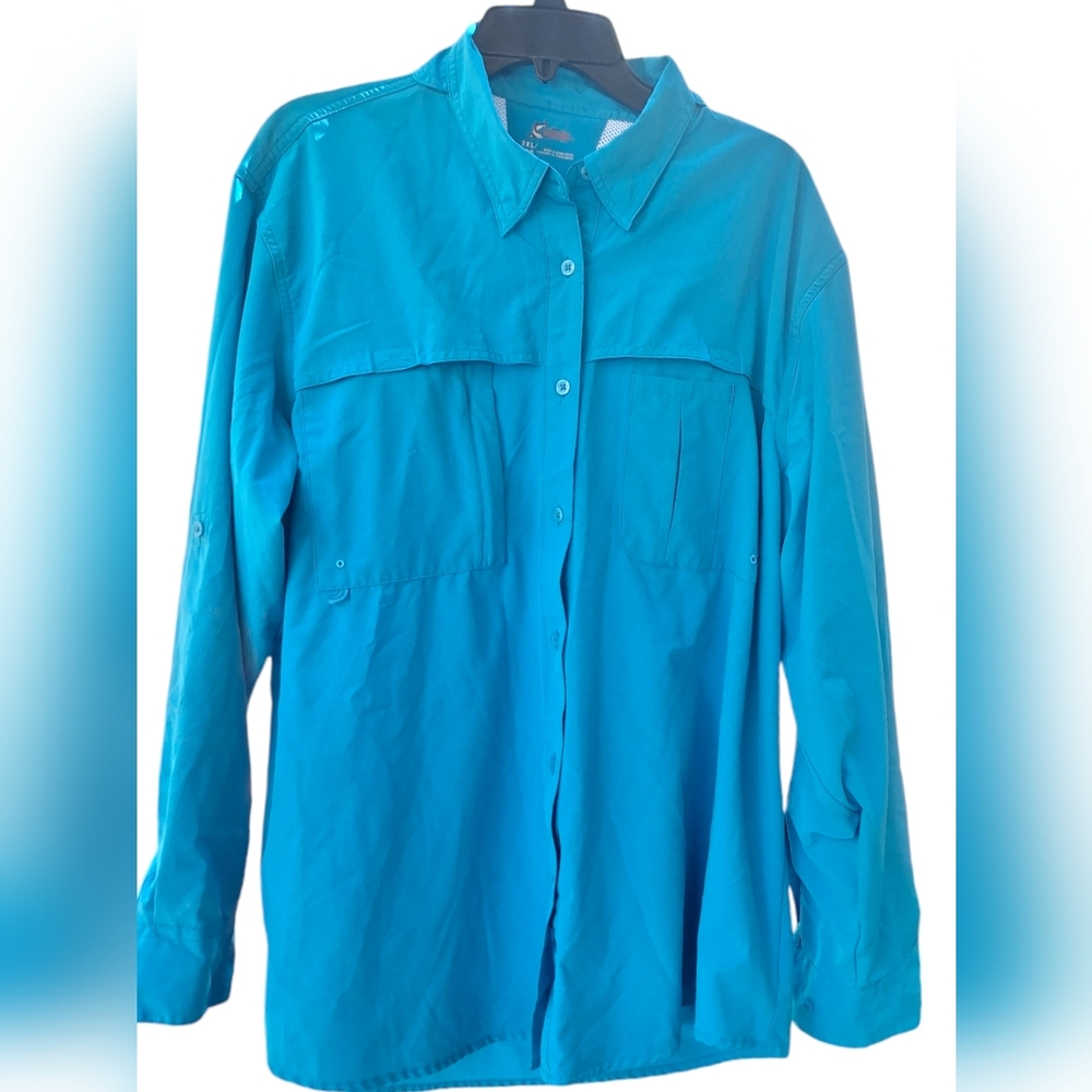 World Wide Sportsman Blue Teal Long Sleeve Vented Fishing Shirt Men's Size 2XL
